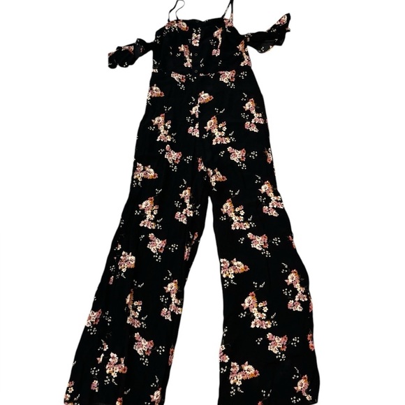 Black pink white floral off shoulder jumpsuit size small - Picture 2 of 6